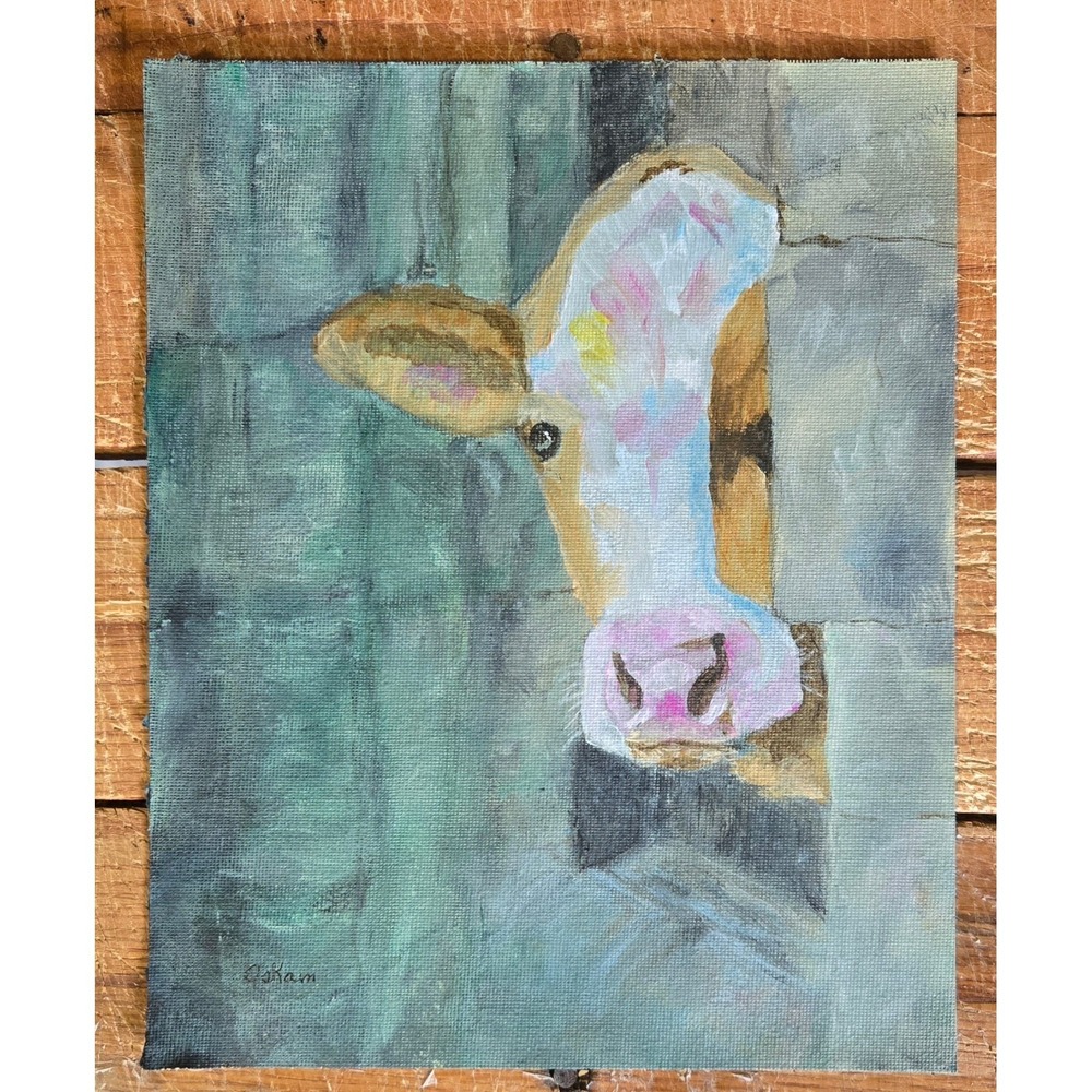 Cow Acrylic Painting Original OOAK 8x10 Canvas Signed Farmhouse Art Peek-A-Boo